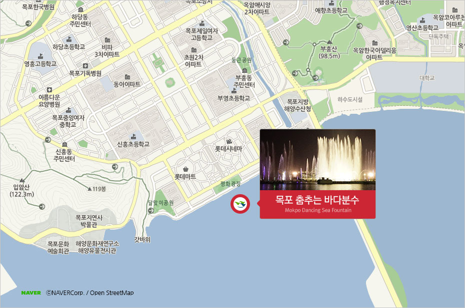 목포 춤추는 바다분수 위치를 나타내는 지도로 서쪽 목포자연사 박물관을 중심으로 동쪽방향으로 갓바위를 지나 평화광장에 위하고있다.