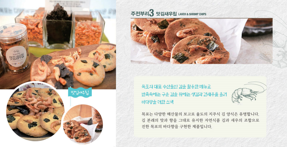 맛김새우칩 
목포의 대표 수산물인 김을 활용한 메뉴로 반죽속에는 구운 김을 위에는 생김과 건새우를 올려 바다향을 더한 스낵
목포는 다양한 해산물의 보고로 율도의 지주식 김 양식은 유명합니다. 김 본래의 맛과 향을 그대로 유지한 자연식품 김과 새우의 조합으로 진한 목포의 바다향을 구현한 제품